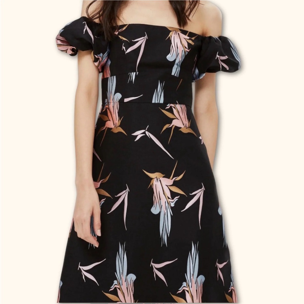 TopShop Black Off The Shoulder Puff Sleeve Floral Jacquard Midi Dress Size 8